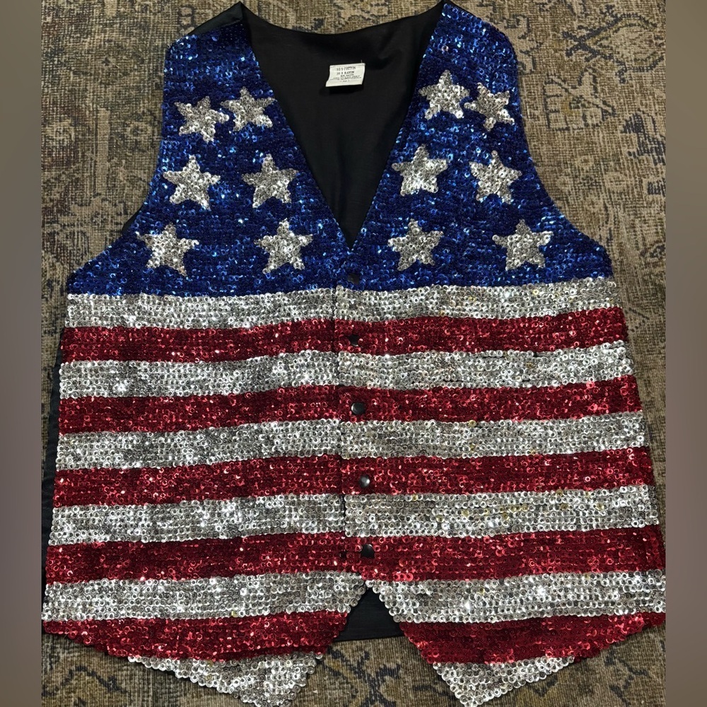 Vintage Sequin Vest Blue Silver Red Patriotic Sparkle Top Medium 80s 90s Glam - Picture 1 of 5
